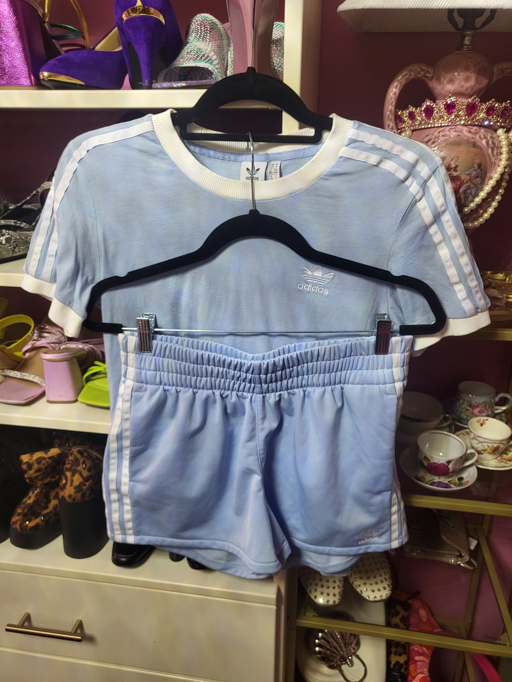 adidas Light Blue & White Three-Stripe Crop Tee and Shorts Set